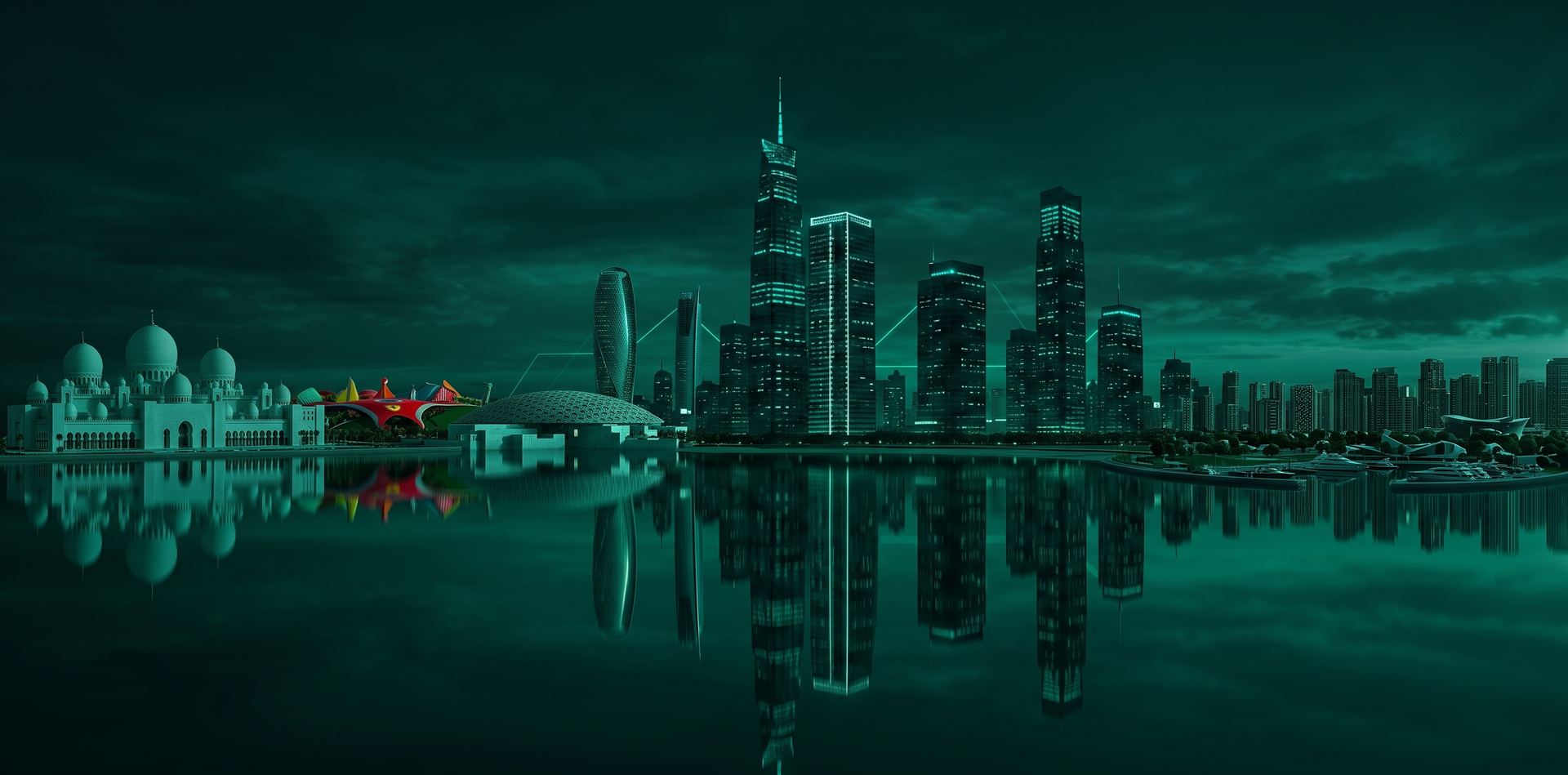 Abu Dhabi skyline at night reflected in still water